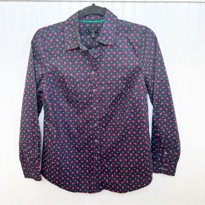 Talbots Petites Navy Blue Indian Elephant Print Button Up Shirt Women’s Size SP